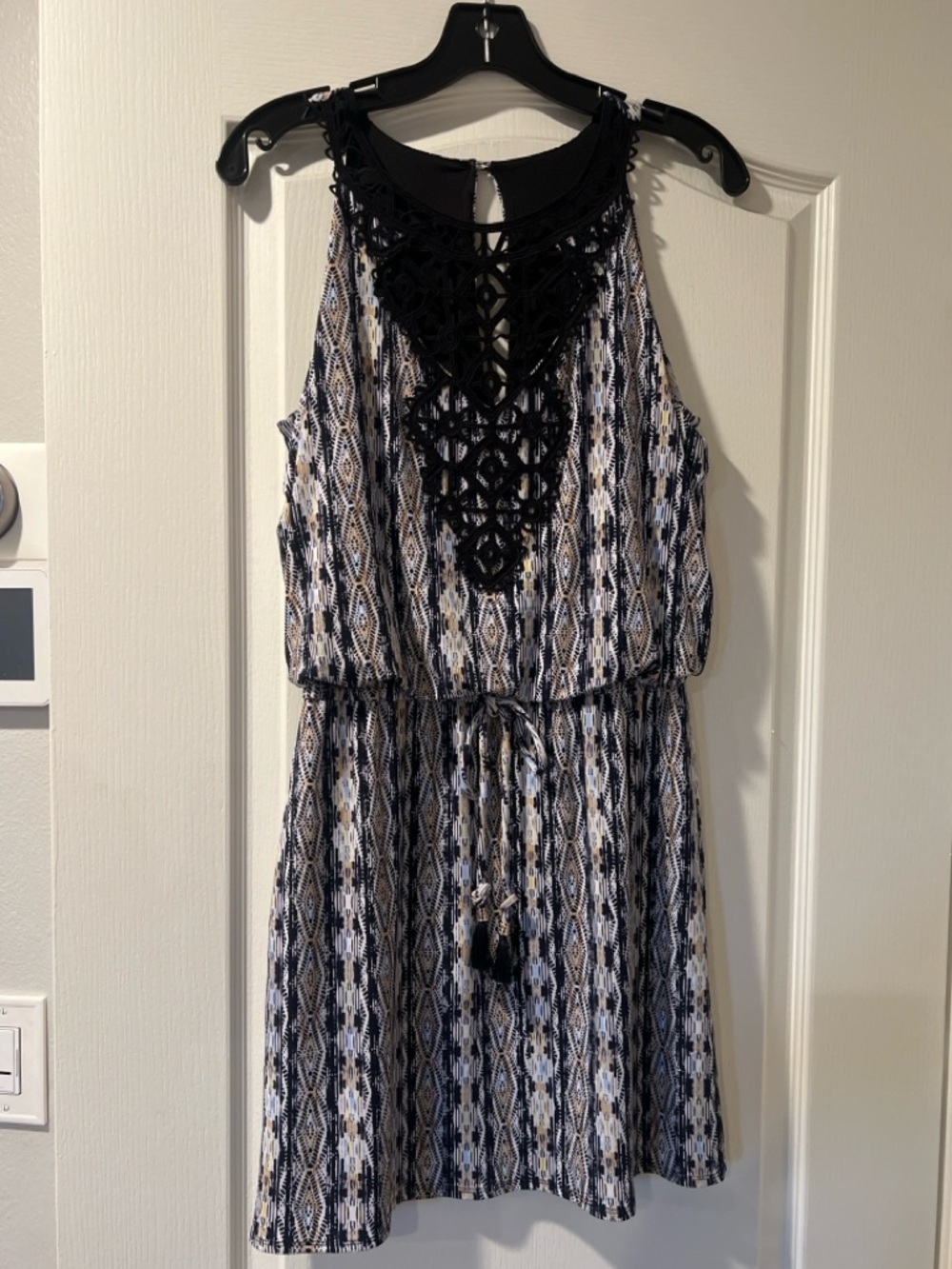 White House Black Market Black, White and Tan Crochet Halter Mini Dress